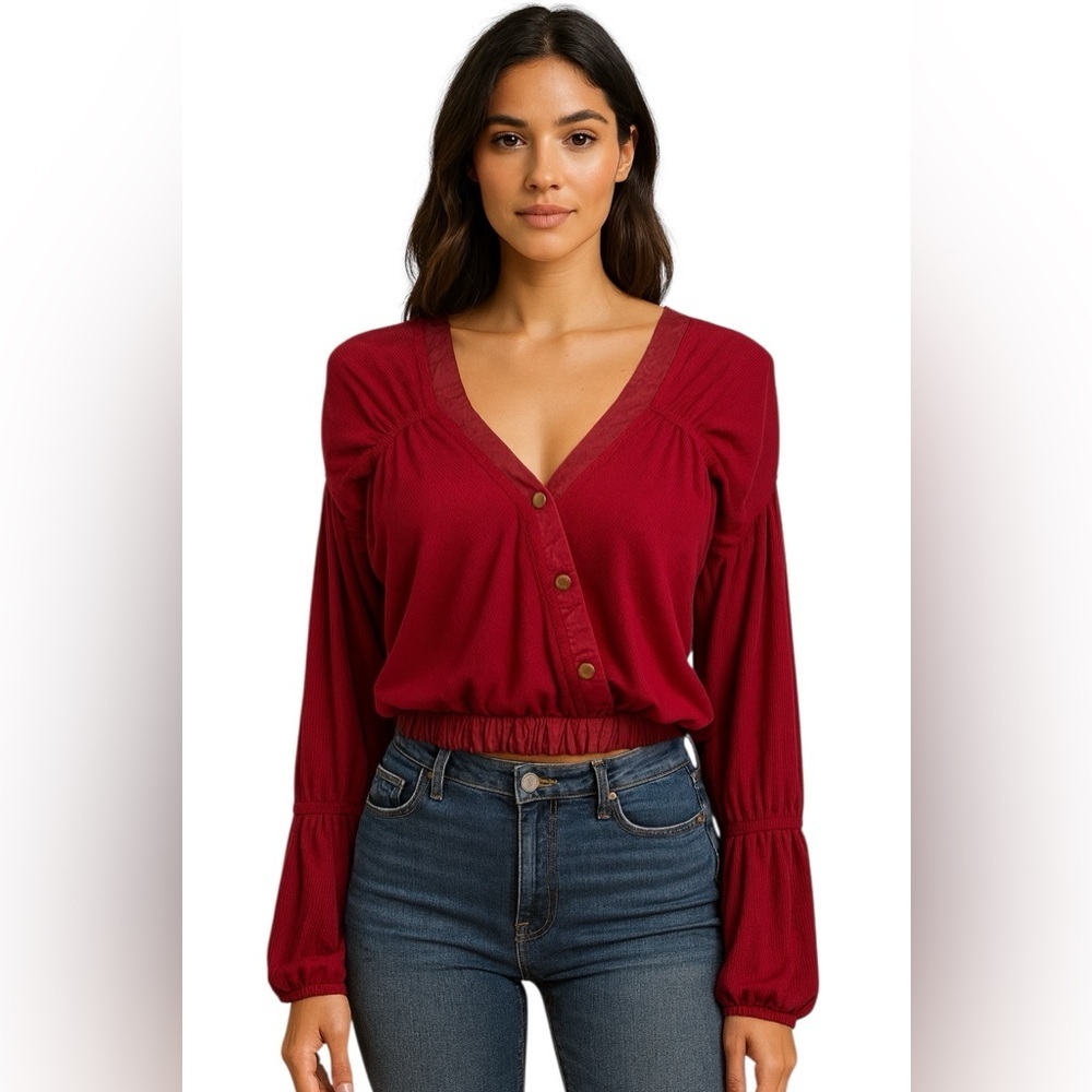 Free People Cropped Button Front Blouse Boho Coquette Soft Grunge Top Medium